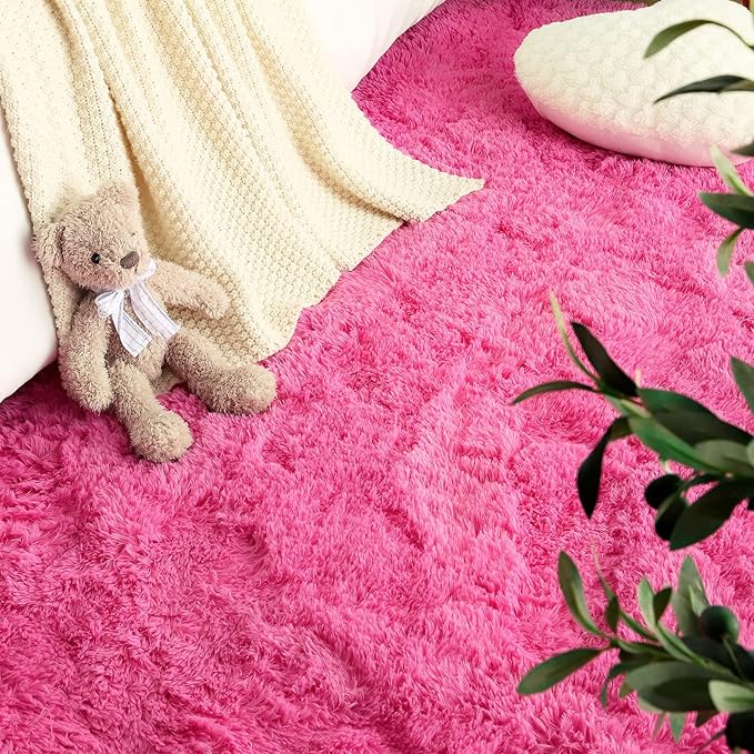 LOCHAS Ultra Soft Indoor Modern Area Rugs Fluffy Living Room Carpets for Children Bedroom Home Decor Nursery Rug 4x5.3 Feet,Hot Pink