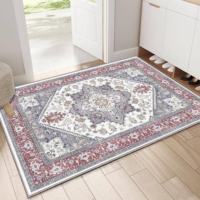 OPPODREAM Soft Throw Rugs 2x3, Small Washable Entryway Rugs 2 x 3 with Non Slip Backing, Low-Pile Faux Cashmere 2 x 3 Carpet, Red & Grey