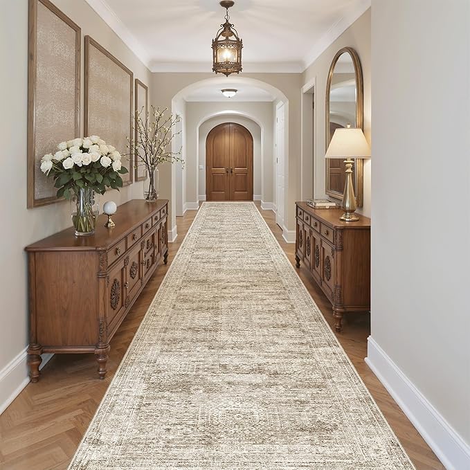 Hallway Runner Rug 3x18 - Kitchen Rugs 18ft Washable Entryway Rug Vintage Kitchen Runners Non Slip Farmhouse Indoor Carpet Runner for Living Room Bedroom, Brown