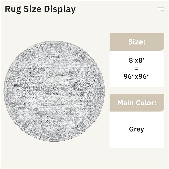 8x8 Grey Round Rug 8ft Living Room Circle Rug Vintage Round Area Rug Non Slip Indoor Carpet for Apartment