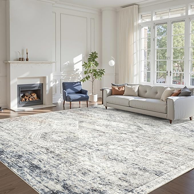 10x14 Area Rugs for Living Room, Non Slip Machine Washable Vintage Rugs, Low Pile Lightweight Large Rug for Bedroom, Dining Room, Home Office Blue Ivory