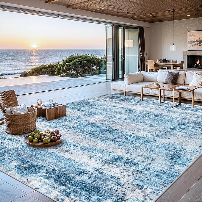 8x10 Area Rugs for Living Room - Washable Rug Modern Abstract Soft Large Neutral Non-Slip Carpet Indoor Floor Thin Carpets for Bedroom Dining Room Farmhouse Nursery Home Office Blue Grey