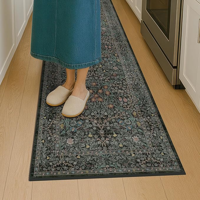 Dark Green 2'6" x 10' Runners for Wide Hallways Non Slip, Extra Long 10ft Floor Runner for Kitchen, Entryway Indoor, Washable Rubber Backing Stain Resistant - Vintage Floral Décor