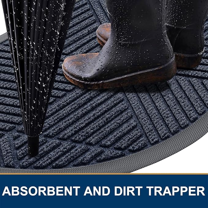 Smiry Half Circle Front Door Mat Outside Entrance, Heavy Duty Sturdy Natural Rubber Doormat, Trap Dirt and Moisture, Low Profile Mats for Indoor Outdoor Entry, Irregular Triangle (29.5x17, Navy Blue)