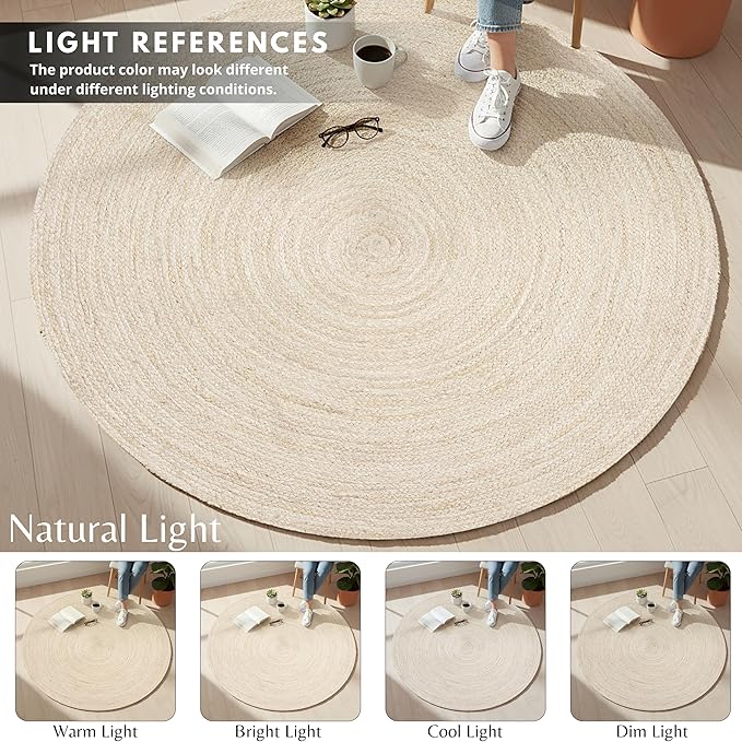 Hausattire Hand Woven Jute Braided Rug, 4’ Round – Off White, Reversible Boho Entry Area Rugs for Kitchen, Living Room, Nursery I Farmhouse Decorative Floor Rug, 4 Feet Round