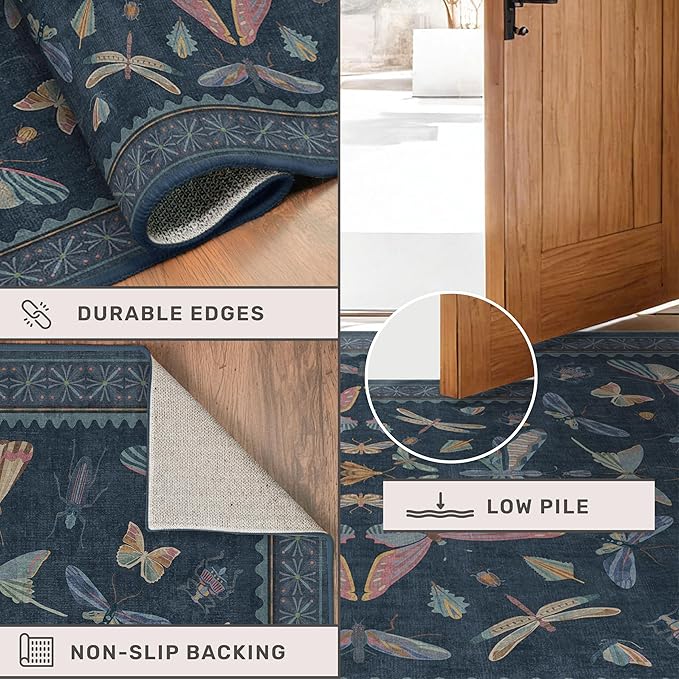 Blue 5x8 Washable Living Room Rugs - Stain Resistant Non Slip Insect Rug for Dining Room, Low Pile & Soft Carpet for Bedroom, Dark Vintage Décor Indoor, Non Skid with Rubber Backing