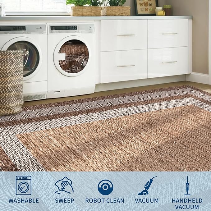Washable 2.5x10 Kitchen Runner Rug, Easy Clean Geometri Rugs for Hallway Entryway, Indoor Outdoor Non Slip Rug Farmhouse Morden Carpet Door Mat Area Rug for Laundry Room Dark Brown