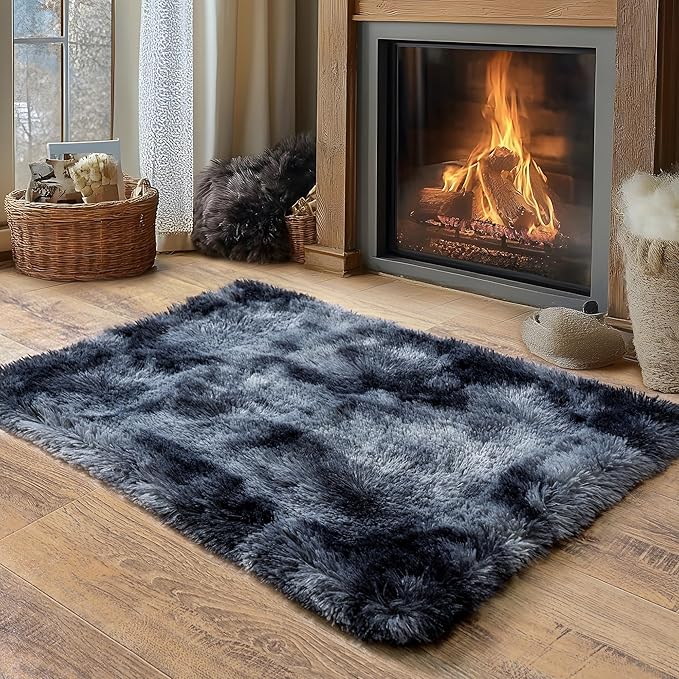 Small Area Rug, 2x3 Rug for Bedroom Shaggy Throw Rugs for Dorm Rug, Soft Tie Dyed Carpet for Kids Room, Plush Non-Slip Fluffy Bedside Rug for Home Decor Aesthetic, Blue Grey