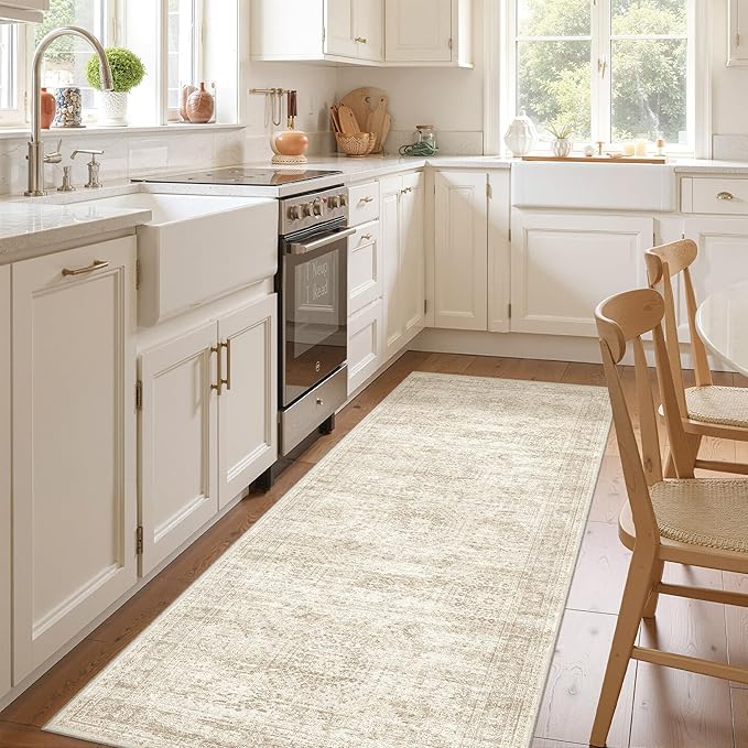 3x6 Runner Rug Non Slip, Thin Entryway Washable Rug for Entryway, Runners for Hallways, Low Pile Vintage Abstract Soft Rugs for Living Room, Kitchen, Bedroom(3'x6', Beige/Ivory)