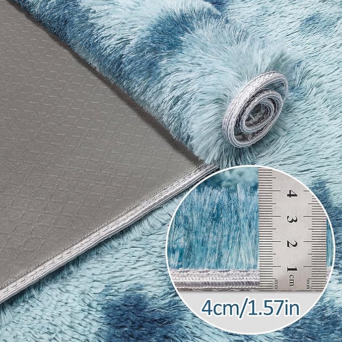 Super Soft Fluffy Living Room Area Rug 2x5 ft Tie-Dyed Light Blue Shaggy Furry Carpet Washable Non-Slip Floor Rugs Bedroom Bedside Nursery Rug Fuzzy Girls Boy Dorm Home Decor Aesthetic