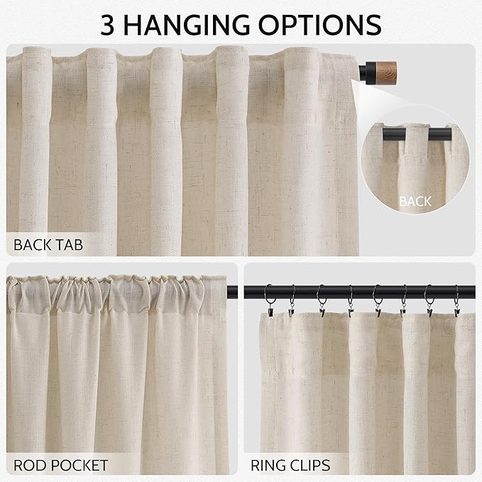 Cream Beige Linen 112 Inch Curtains for Living Room Light Filtering Semi Sheer Curtain Back Tab Modern Farmhouse Decor Elegant Coastal Drapes Floor to Ceiling High Window for Bedroom 52x112, 2 Panels