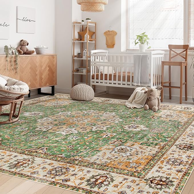 Area Rug 6x9 Washable Rug, Vintage Boho Medallion Rugs Non-Slip Soft Low Pile Large Distressed Rug Indoor Retro Carpet for Living Room Bedroom Dining Room Home Office (Vintage Green, 6'x9')