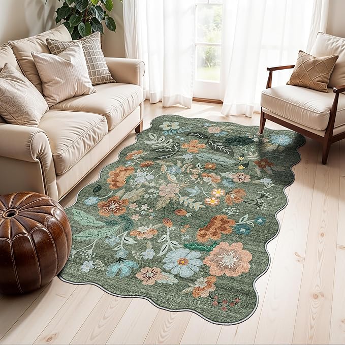 Washable 3x5 Entryway Area Rugs: Ultra Soft Low Pile Carpet for Kitchen Nursery Indoor Light-Weight Doormat Rug with Non-Slip Backing for Living Room Bedroom Small Boho Floor Mat(3x5, Floral/Green)