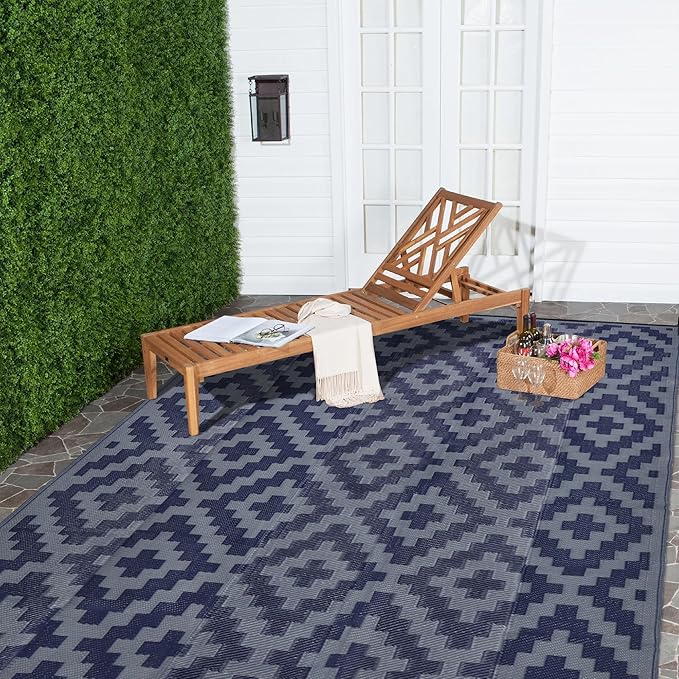 Outdoor Rug, Reversible Polypropylene 6 x 9 ft, Blue Grey Lattice