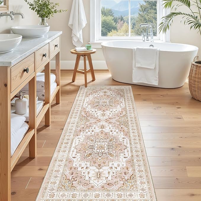 Madane Washable Runner Rug - 2x6 Rug Runners for Hallways 6 Feet Non Slip Vintage Kitchen Runner Rug Ultra-Thin Bathroom Runner Rugs Carpet Laundry Room Bedroom (2x6ft, Pink)
