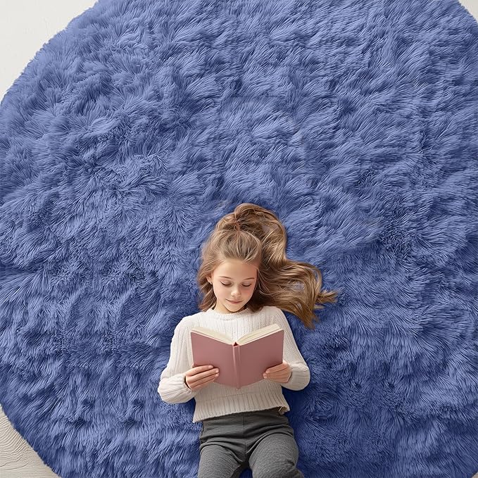 OLANLY Denim Blue Round Rugs for Bedroom - Machine Washable, 8 ft Circle Area Rugs for Living Room, Soft and Fluffy Shaggy Carpet for Teen Girl and Boys, Nursery Rooms, Dorms, Home Decor Aesthetic