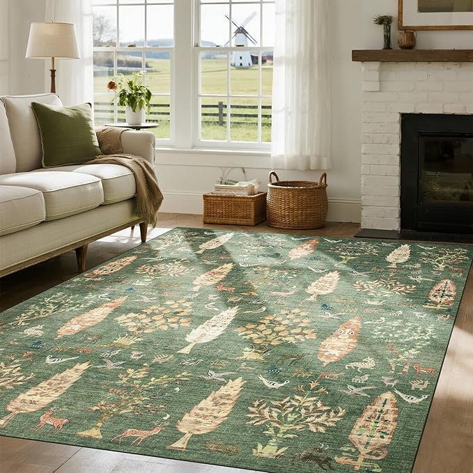 Washable Rugs 8x10 Area Rugs for Living Room,Bedroom,Dining Room- Large Ultra Soft Faux Wool Retro Carpet,Non Slip&Non-Shedding Low Pile Vintage Print Rug for Home Office Dorm-Grass Green
