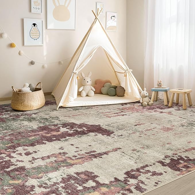 UERMEI 5x7 Area Rug Living Room Rugs - Washable Neutral Modern Abstract Soft Thin Rug Indoor Floor No Slip Rug Carpet for Bedroom Under Dining Table Home Office Decor - Purple/Green/Beige