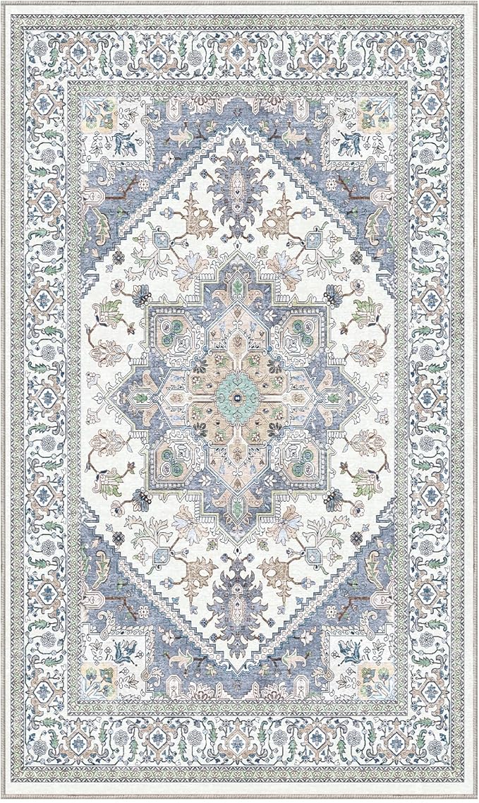 OPPODREAM Soft Area Rugs 3x5, Washable Rugs with Non Slip Backing, Low-Pile Throw 3x5 Carpet, Faux Cashmere 3 x 5 Carpet, Purple & Green & Cream