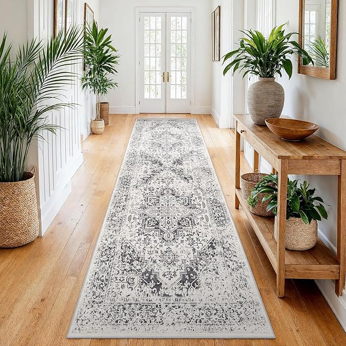 2x8 Washable Hallway Runner Rug - Vintage Kitchen Runners Low Pile Carpet Soft Thin Floor Runner with Rubber Backing for Entryway Living Room Home Decor (Distessed Grey)