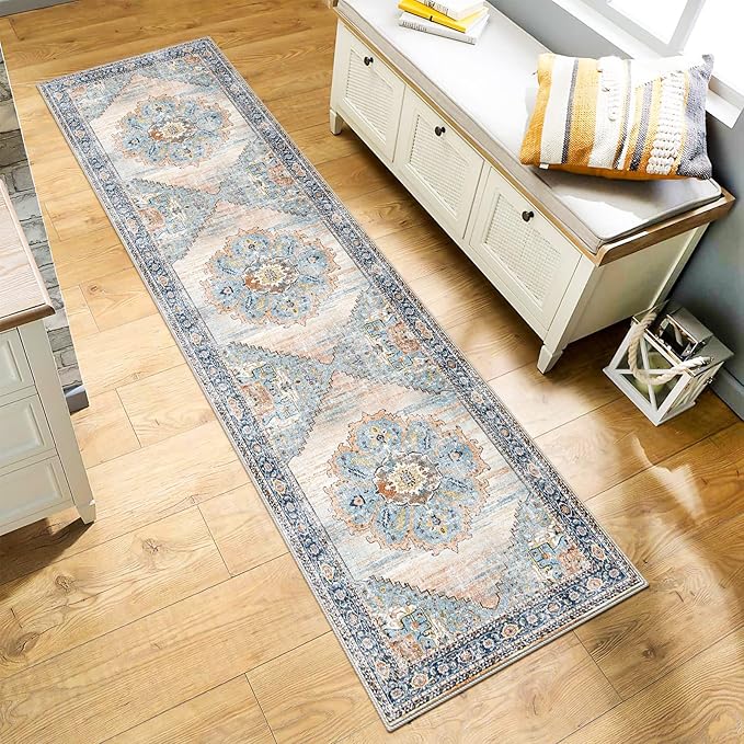 TOPRUUG Washable Runner Rug 2x7 - Hallway Runner Rug Kitchen Rugs and Mats Non Skid Washable Waterproof Carpet Runner for Living Room Bedroom Bathroom (Blue, 2X7)