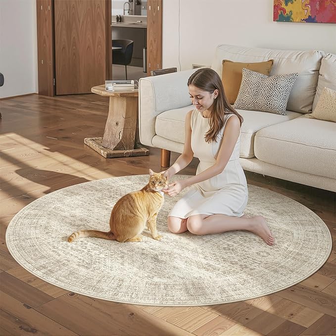 6x6 Beige Round Rug 6ft Living Room Circle Rug Vintage Round Area Rug Non Slip Indoor Carpet for Dining Room Bedroom