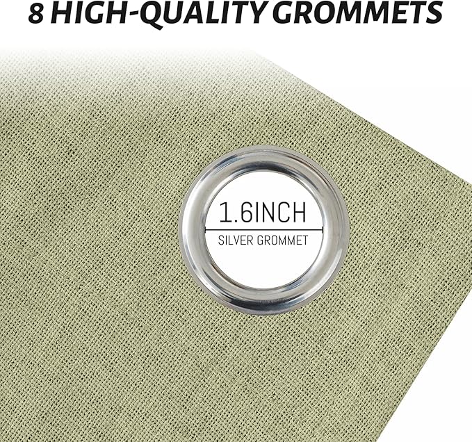 Yakamok Sage Green Linen Curtains 100% Blackout 90 Inches Long,Room Darkening Textured Curtains for Living Room Thermal Grommet Bedroom 2 Panels with Greyish White Liner