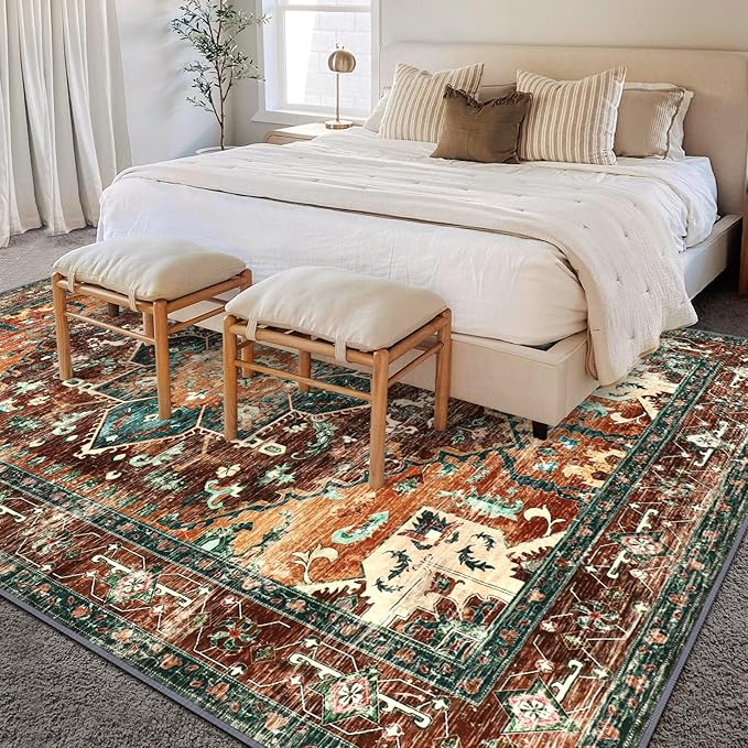 Yamaziot Area Rug 9x12 Large Rug, Non-Slip Washable Boho Vintage Living Room Bedroom Rug with Rubber Backing, Low Pile Faux Wool Soft Distressed Floor Carpet for Living Room, Bedroom