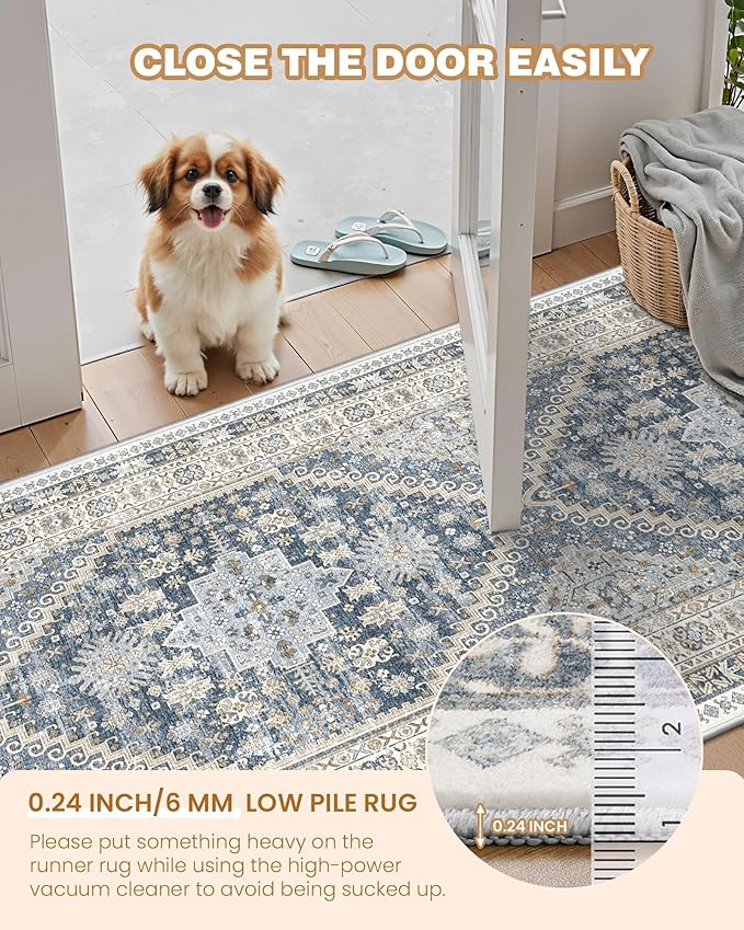 2x5 Rug Runner Washable for Entryway, Soft Bathroom Rugs with Non-Slip Backing,Vintage Low Pile Stair Runner, Small Kitchen Carpet for Hallways, Laundry Room(Blue/Beige,2'x5')