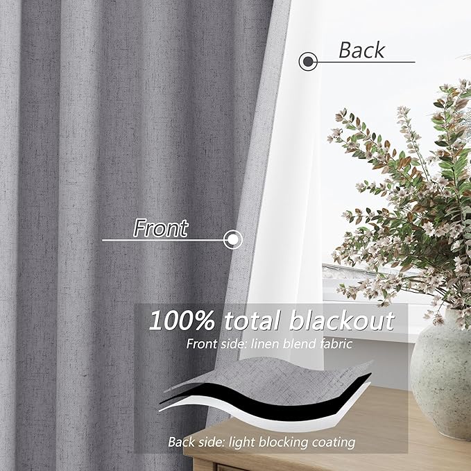 Guken Grey 100% Blackout Curtains 84 Inch Length 2 Panels Set for Living Room Bedroom Back Tab Thermal Insulated Black Out Linen Drapes Room Darkening Window Curtains 84 Inches Long