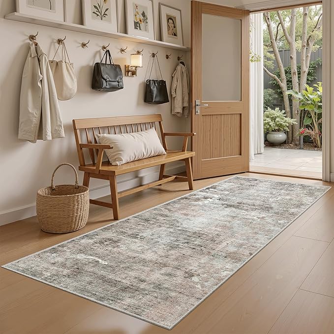 Runner Rug 2x6 Washable Non-Slip Kitchen Runner Rugs for Bathroom Laundry Room Pink/Grey Vintage Floor Carpet Runners for Hallway Entryway