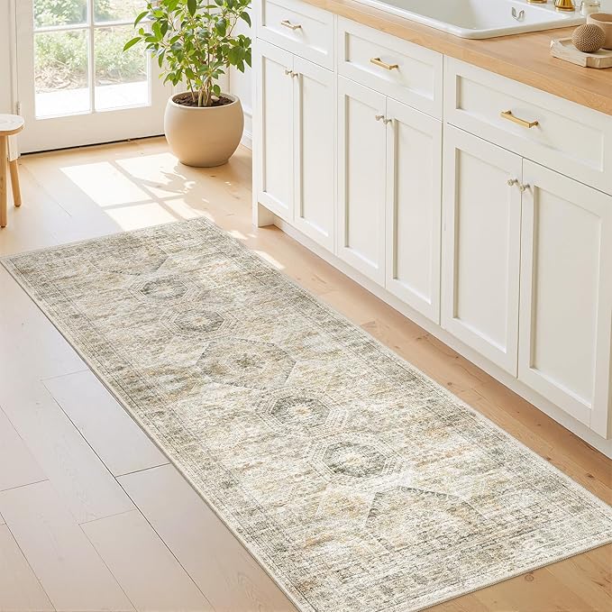 2x5 Rug Runner Washable for Entryway, Soft Bathroom Rugs with Non-Slip Backing, Abstract Low Pile Hallway Runner, Vintage Small Kitchen Carpet for Stair, Laundry Room(2'x5', Grey/Yellow)