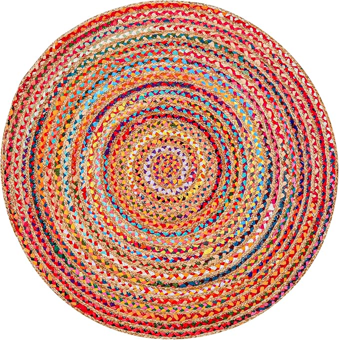 Hausattire Bohemian Braided Rug 4' Round - Multi Color, Circle Farmhouse Jute Cotton Area Rag Rug for Kitchen, Kids Bedroom, Playroom | Colorful Hand Woven Reversible Pet Friendly Carpet