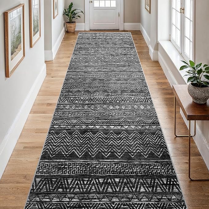 4x12 Washable Hallway Runner Rug：Moroccan Non-Slip Wide Runners for Entryway Kitchen Soft Modern Geometric Low-Pile Rugs for Living Room Thin Waterproof Carpet for Bedroom Bathroom Laundry(Black,4x12)