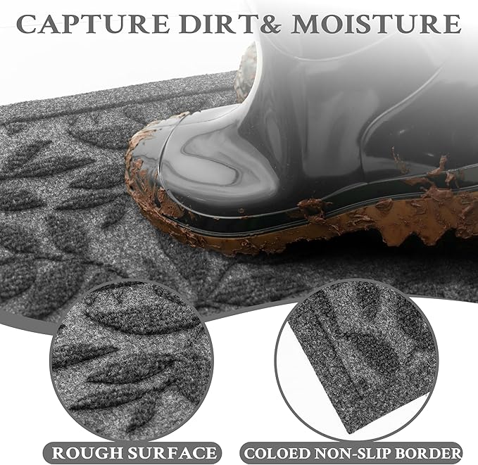 Grey Leaves Outdoor Indoor Entrance Doormats, Absorbent Durable Heavy Duty Welcome Front Door Mat,Thick Natural Rubber Back,Easy Clean Entryway Mat 17x30 Inch, Low Profile