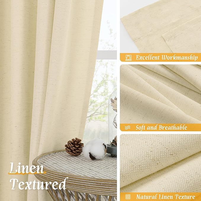 LAMIT Beige Linen Window Curtains 72 Inch Length 2 Panels, Thick Linen Textured Light Filtering Rod Pocket Burlap Boho Neutral Privacy Drapes for Bedroom/Living Room, Beige, 52 x 72 Inch