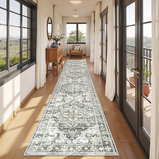 Hallway Runner Rug 2x12, Extra Long Washable Runner Rugs with Rubber Backing, Non Slip Runner, Vintage Rug Runners for Kitchen Laundry Room Entryway (Grey/Beige,2'x12')
