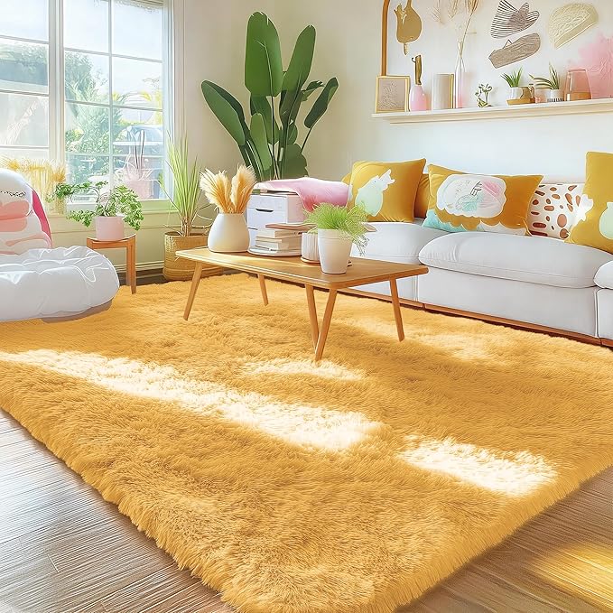 OLANLY Area Rugs for Living Room Bedroom, Machine Washable 4x5.9 ft Soft Fluffy Shaggy Bedside Rug, Indoor Floor Carpet for Kids Girls and Boys, Dorms, Nursery Rooms, Home Decor, Mustard Yellow