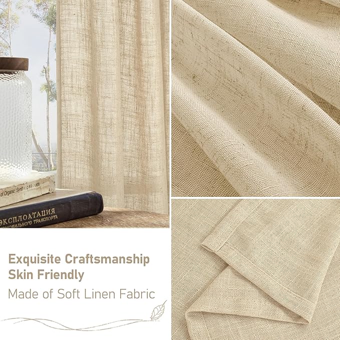 LAMIT Light Filtering Linen Curtains 84 inches Long for Bedroom, Linen Textured Semi Sheer Back Tab and Rod Pocket Natural Boho Drapes for Living Room/Farmhouse, 2 Panels, Linen, 42 x 84 Inch