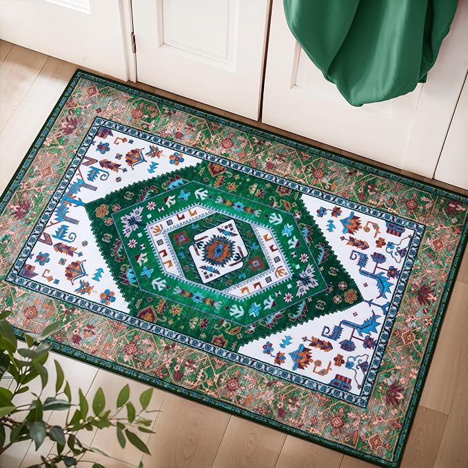 SERISSA Boho Rugs for Entryway, 2x3 Washable Non-Slip Entryway Rug Small Area Rug, Ultra Soft Oriental Vintage Green White Low-Pile Indoor Door Mat Floor Carpet for Entrance Bedroom Kitchen Bathroom