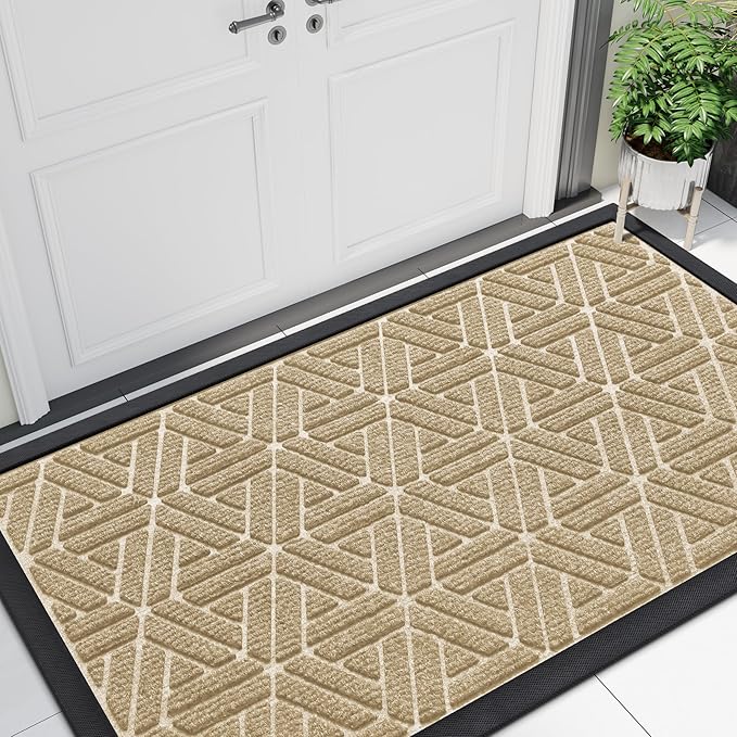 Smiry Front Door Mat Outside Entrance, Heavy Duty Sturdy Natural Rubber Doormat, Trap Dirt and Moisture, Easy Clean Low Profile Mats for Indoor Outdoor Entry, Grid Geometric (47x23, Beige)