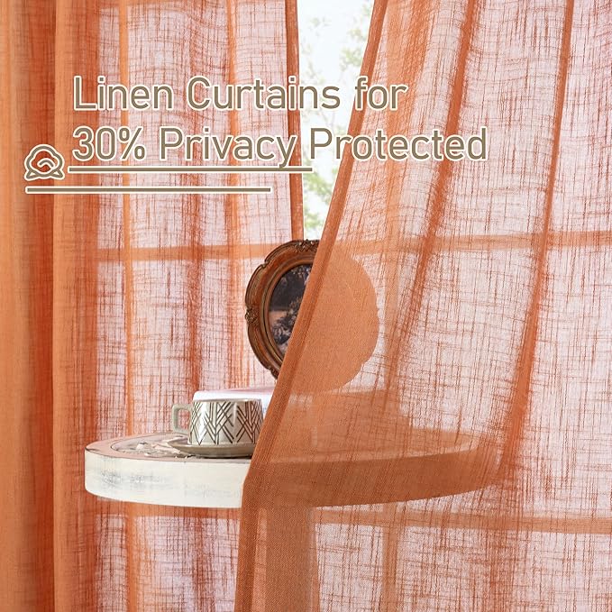 LAMIT Burnt Orange 72 inch Linen Curtains for Living Room 2 Panels, Linen Textured Light Filtering Semi Sheer Back Tab and Rod Pocket Curtain Panels for Bedroom/Farmhouse, 52 x 72 Inch