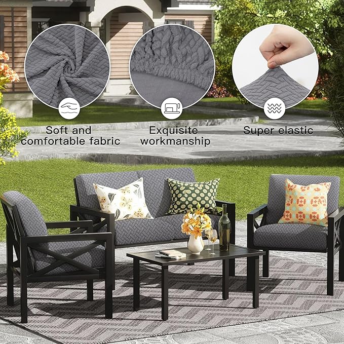 8Pcs Outdoor Cushion Covers, Patio Cushion Covers,Stretch Elastic Slipcovers, Replacement Washable Furniture Protector for Patio Couch,Thick Jacquard Textured Twill Fabric(Gray ,8PCS,Cover Only)