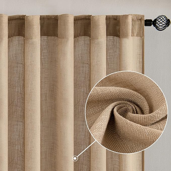 MIULEE Brown Linen Curtains 108 Inches Long for Bedroom Living Room, Soft Thick Linen Textured Window Drapes Semi Sheer Light Filtering Back Tab Rod Pocket Burlap Look Country Decor, 2 Panels