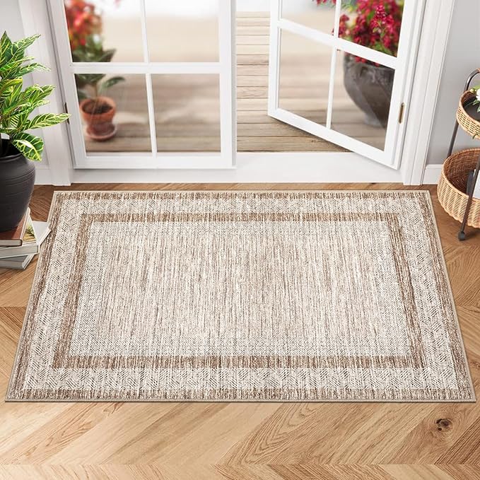 GarveeHome Modern Geometric Area Rug 2x3 Distressed Bordered Washable Non Slip Floor Small Carpet Non Shedding Thin Soft Low Pile Rug, Contemporary Brown Rug for Dining Room, Living Room