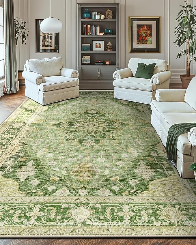 RELEANY Area Rugs 10'x14' Washable Non-Slip, Floral Vintage Distress Print Pattern Medallion Carpet for Living Room Bedroom Dining Room, Sage Green Yellow