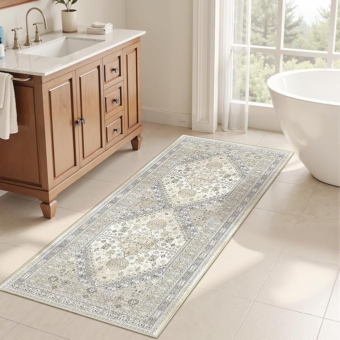 2x5 Rug Runner Washable for Entryway, Soft Bathroom Rugs with Non-Slip Backing,Vintage Low Pile Stair Runner, Small Kitchen Carpet for Hallways, Laundry Room(Beige,2'x5')