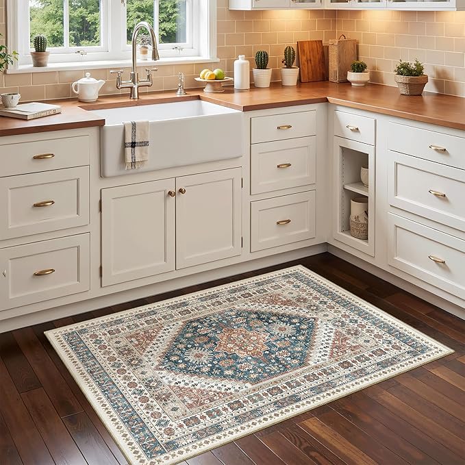 Madane Washable Area Rug 2x3, Small Entryway Rug Non-Slip Vintage Door Mat Indoor Entrance, Low Pile Floor Carpet for Inside Front Door Bedroom Kitchen Entry Laundry (2'x3', Navy Blue)