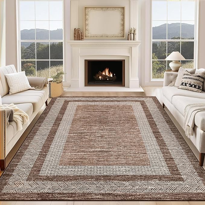 GarveeHome Extra Large Area Rug 10x13 Modern Geometric Rug with Non Slip Rubber Backing, Thin Washable Foldable Carpets, Soft Low Pile Non Shedding Printed Floor Mats for Hotel Office, Brown
