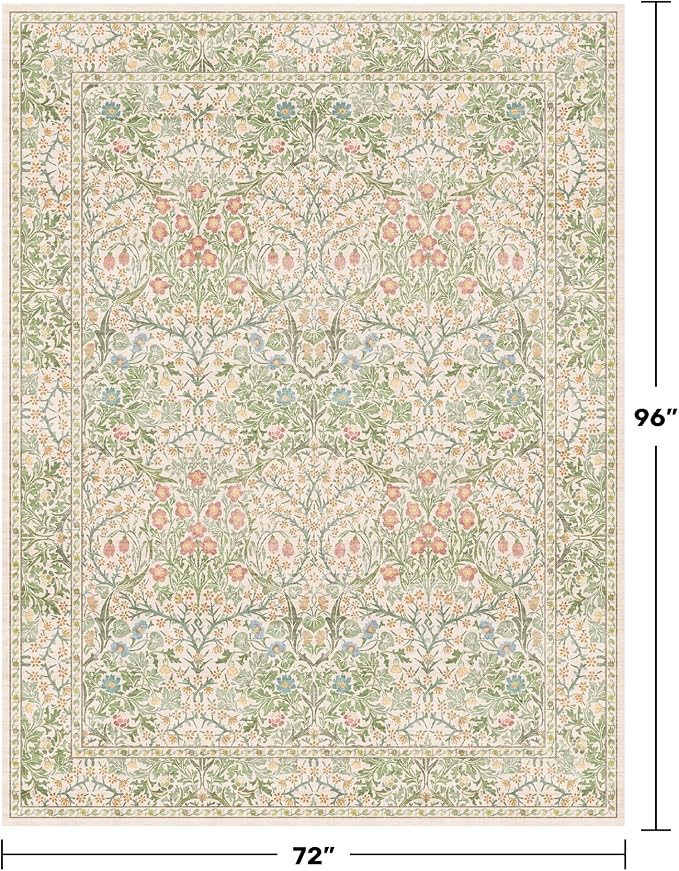 Hazo Haus Light Beige Green Living Room Rug, 6x8 Washable Area Rug for Kids Room, Bedroom, Nursery Room, Living Room, Dining Room, Low Pile Non-Slip - Vintage Design & Stain Resistance